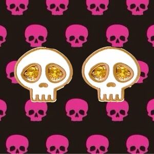 18K Gold Spooky Skull Gemstone & Enameled Halloween Theme Earrings Goth Punk